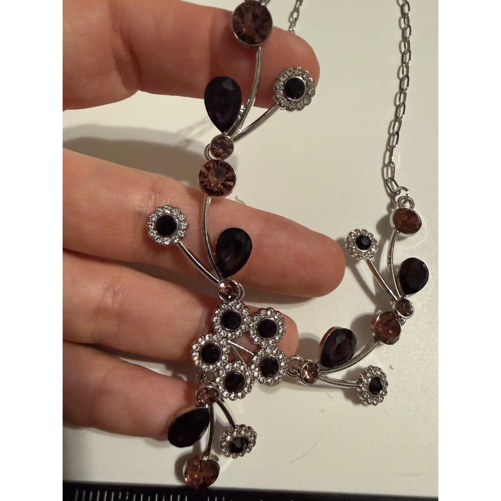 Silver Tone Purple Amber Crystal Floral Vine Statement Necklace Botanical Chain